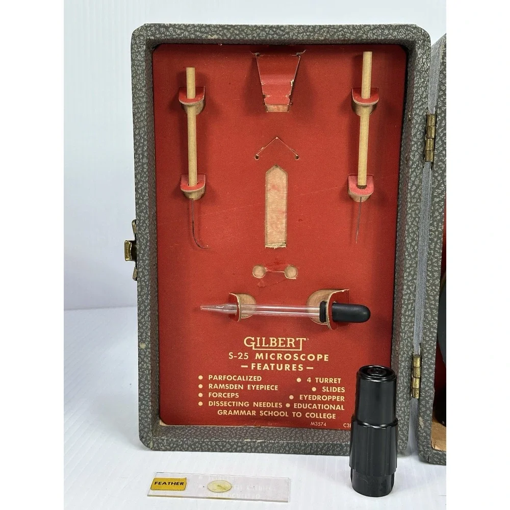 Vintage Gilbert S-25 Microscope Set Case Larger Eyepiece Dropper Instructions